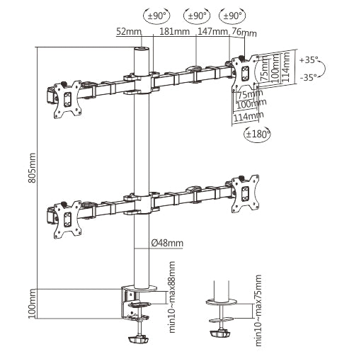 Brateck Quad Arm Full Extension Articulating Monitor Arm - 17"-32"