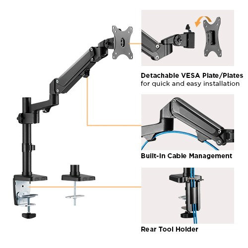 Brateck Single Monitor Heavy-Duty Aluminium Gas Spring Monitor Arm - 17" - 35"