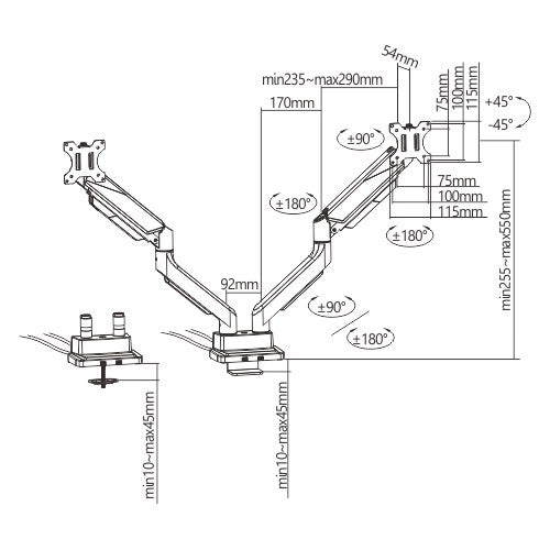 Brateck Economy Heavy-Duty Dual-Monitor Gas Spring Monitor Arm USB 3.0 Ports - 17' - 35'