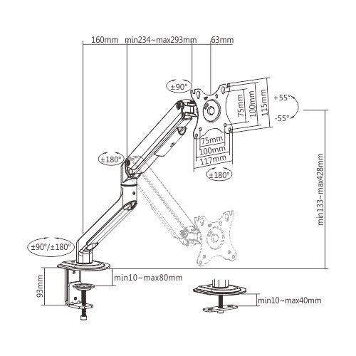 Brateck Single Monitor Economical Spring-Assisted Monitor Arm 17"-32"0  Space Grey