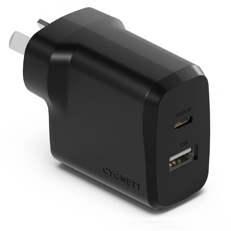 Cygnett PowerPlus 32W Dual Port (20W USB-C + 12W USB-A) PD Fast Wall Charger