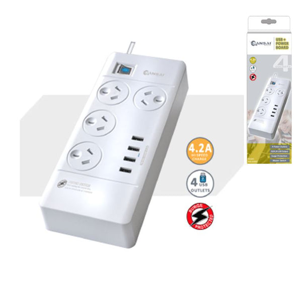 Sansai 4 Outlets & 4 USB Outlets Surge Protected Powerboard