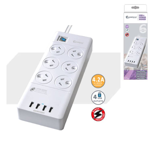 Sansai 6 Outlets & 4 USB Outlets Surge Protected Powerboard