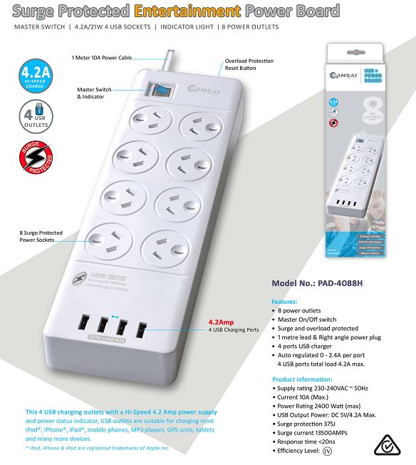 Sansai 8 Outlets & 4 USB Outlets Surge Protected Powerboard